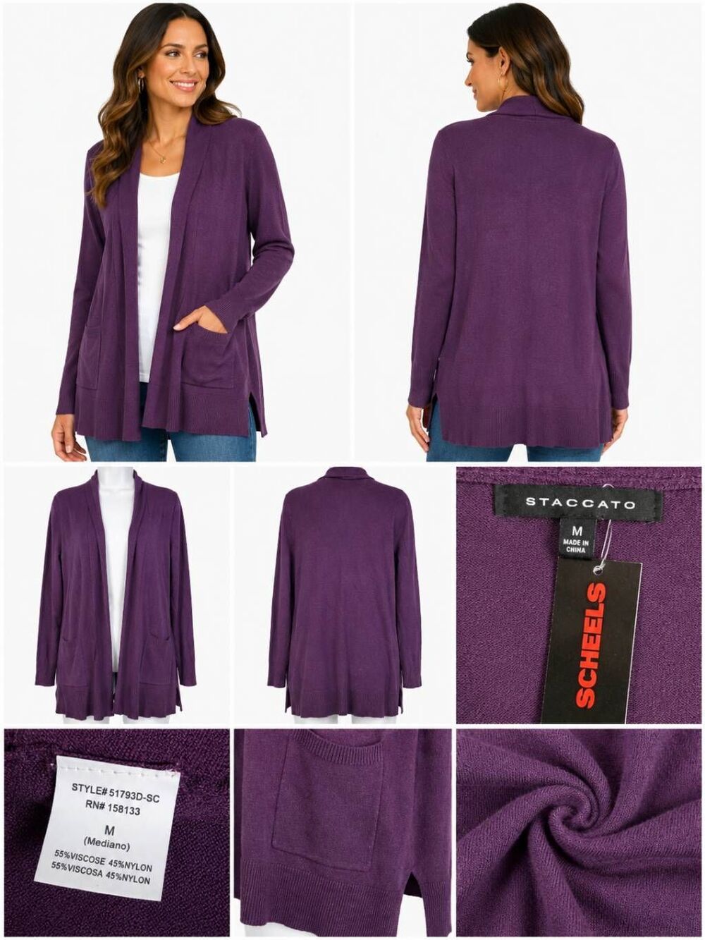 Staccato Purple Open Front Cardigan M NWT Lightweight Pocket Knit Sweater